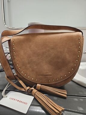 Lucky Brand Brown Leather Crossbody Saddle Bag with Tassels and Studs